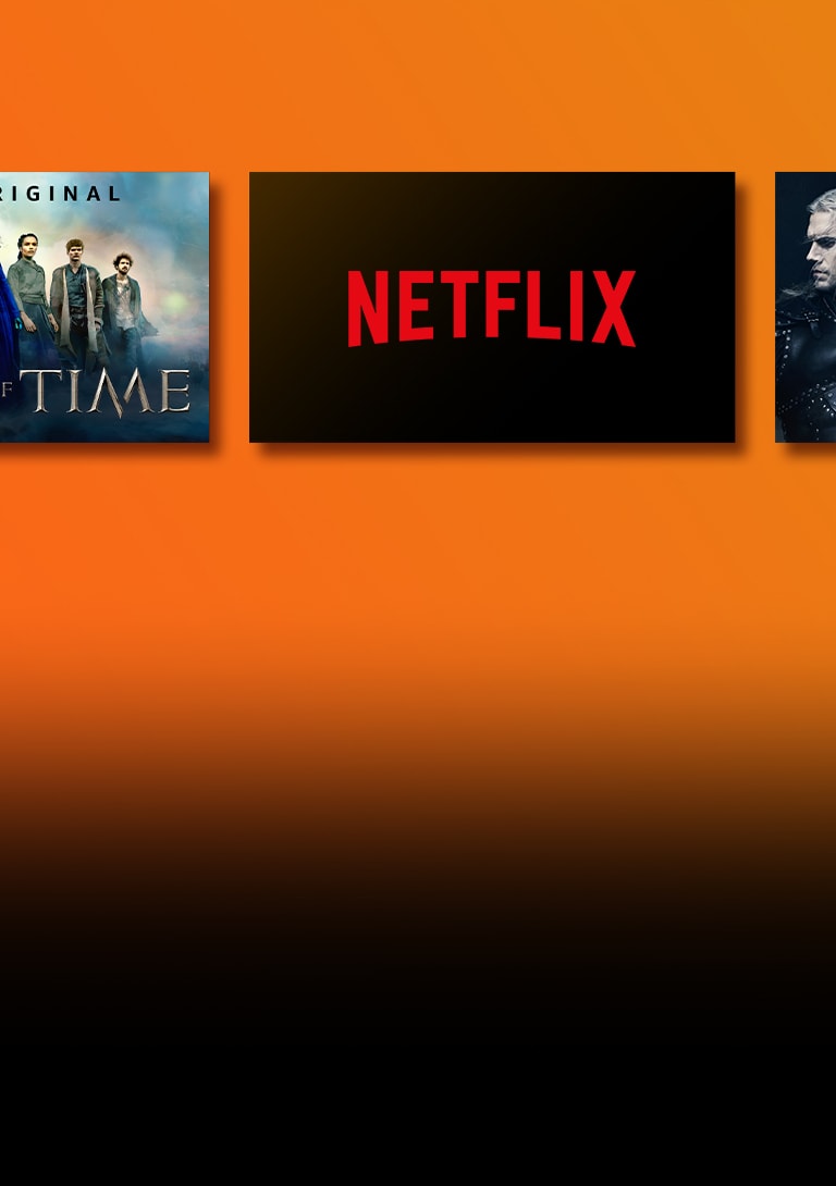 There are logos of streaming service platforms and matching footages right next to each logo. Netflix logo and money heist and the Witcher. Prime Video logo and Without Remorse and The Wheel of Time. Livenow logo and mamamoo teaser image and OneUs teaser image. 